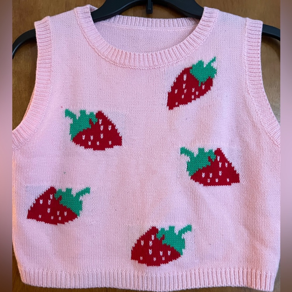 Women’s pink with strawberries sweater vest size small